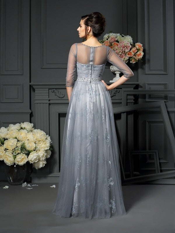 A-Line Princess Scoop Lace Sleeves Long Satin Mother of the Bride Dresses Pure Color