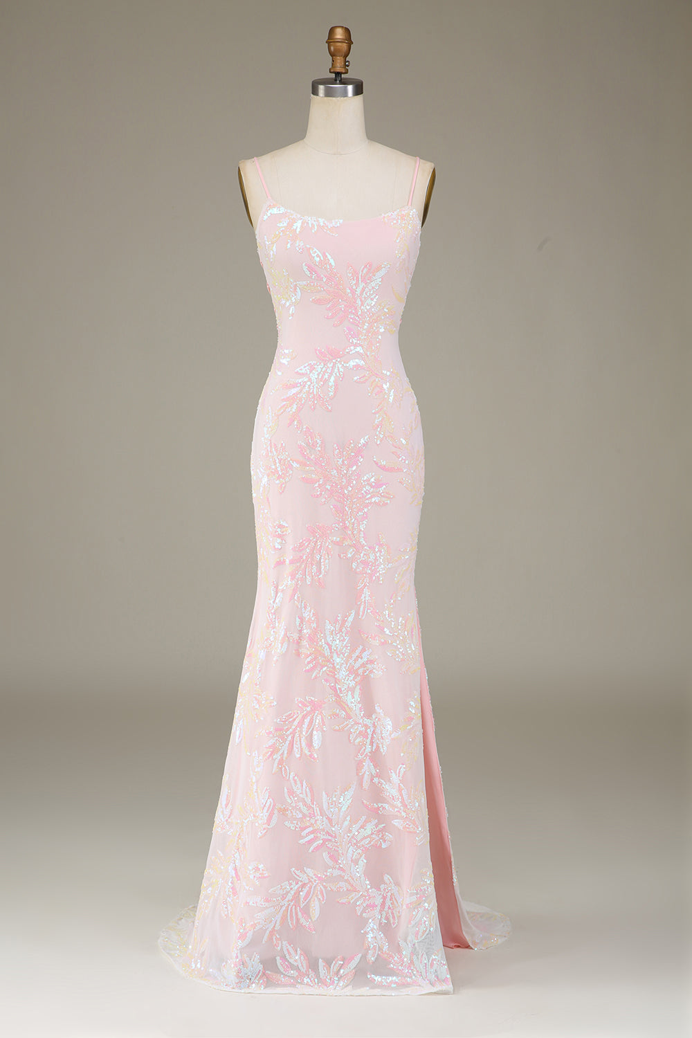 Pink Mermaid Spaghetti Straps Sparkly Long Prom Dress with Slit Evening Dresses