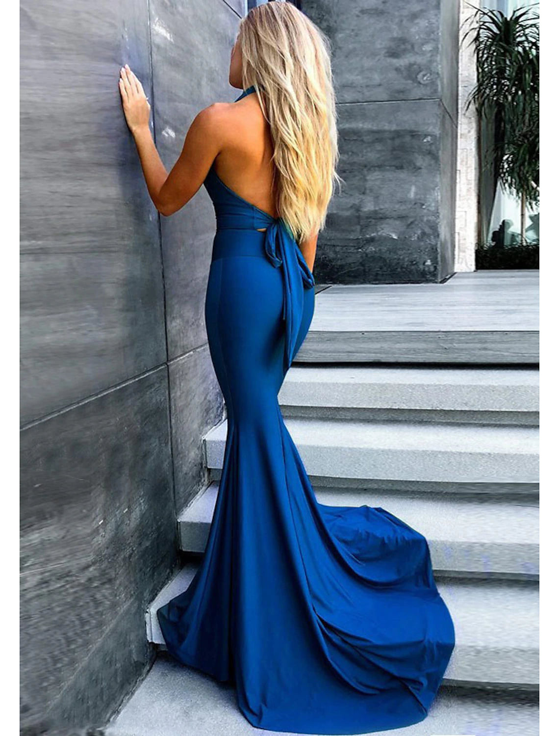 Mermaid / Trumpet Evening Gown Empire Dress Prom Court Train Sleeveless V Neck Stretch Fabric