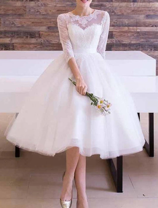 Bridal Shower Vintage Simple Wedding Dresses A-Line Scoop Neck Half Sleeve Knee Length Tulle Bridal Gowns