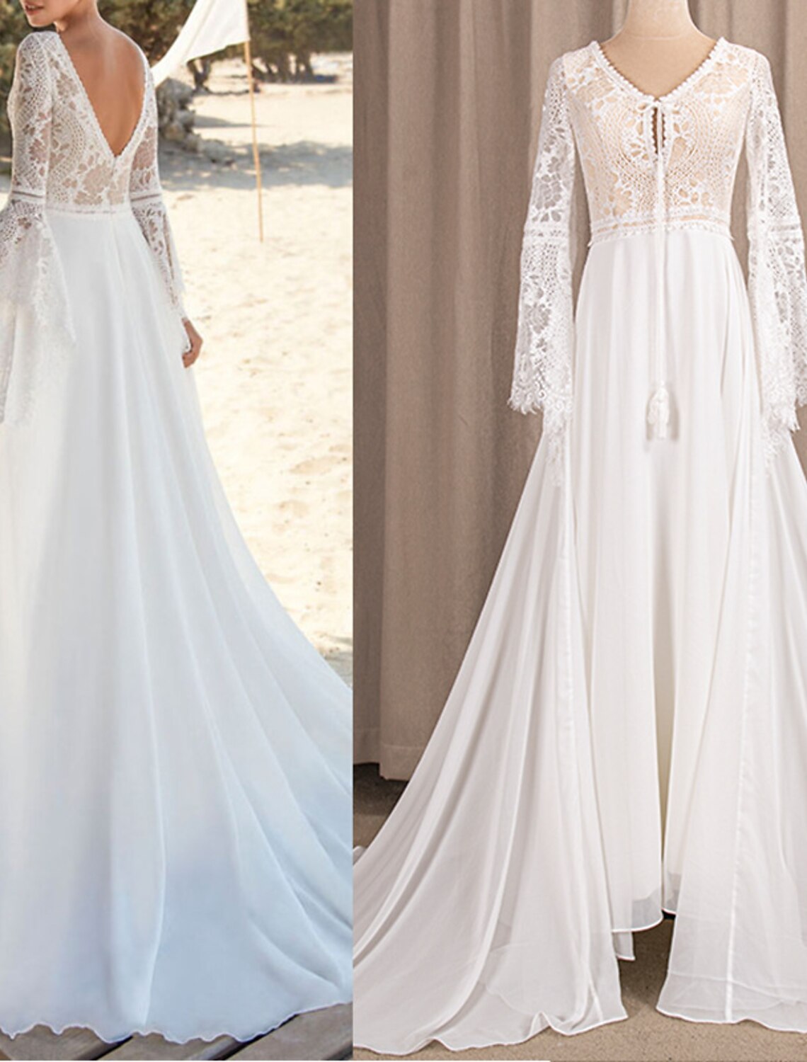 Beach Open Back Boho Wedding Dresses A-Line V Neck Long Sleeve Sweep / Brush Train Chiffon Bridal Gowns
