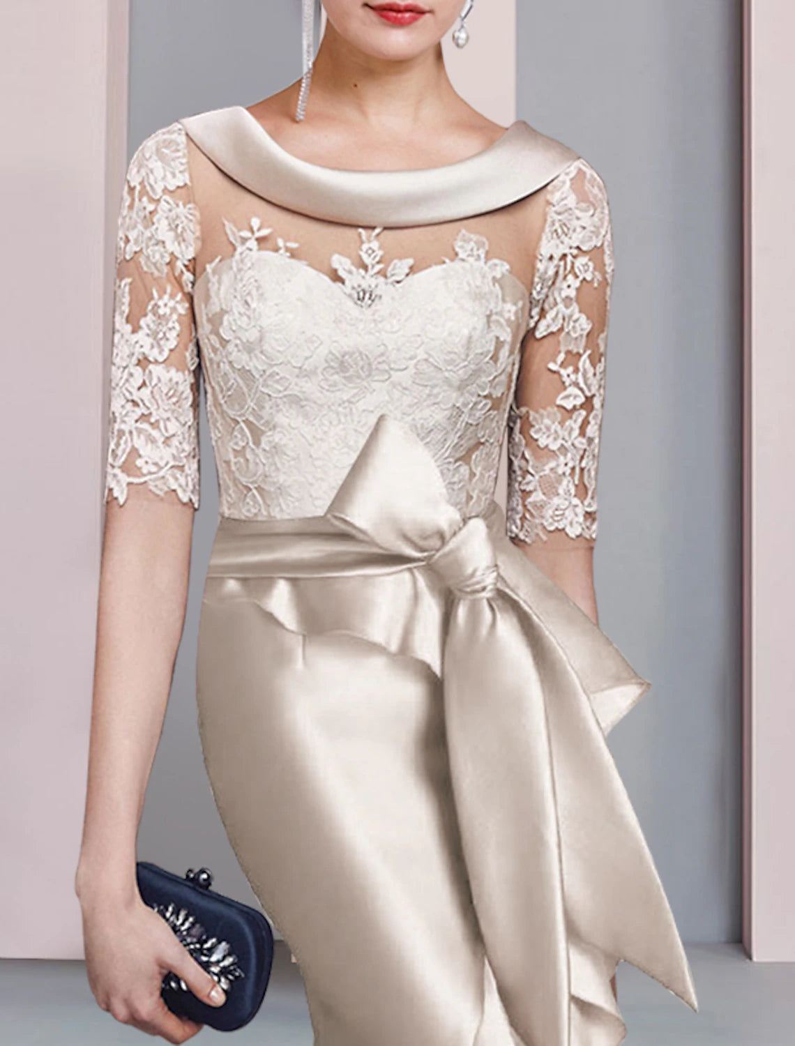 Mermaid / Trumpet Mother of the Bride Dress Formal Wedding Guest Elegant High Low Scoop Neck Sweep / Brush Train Asymmetrical Satin Lace Half Sleeve with Bow(s)
