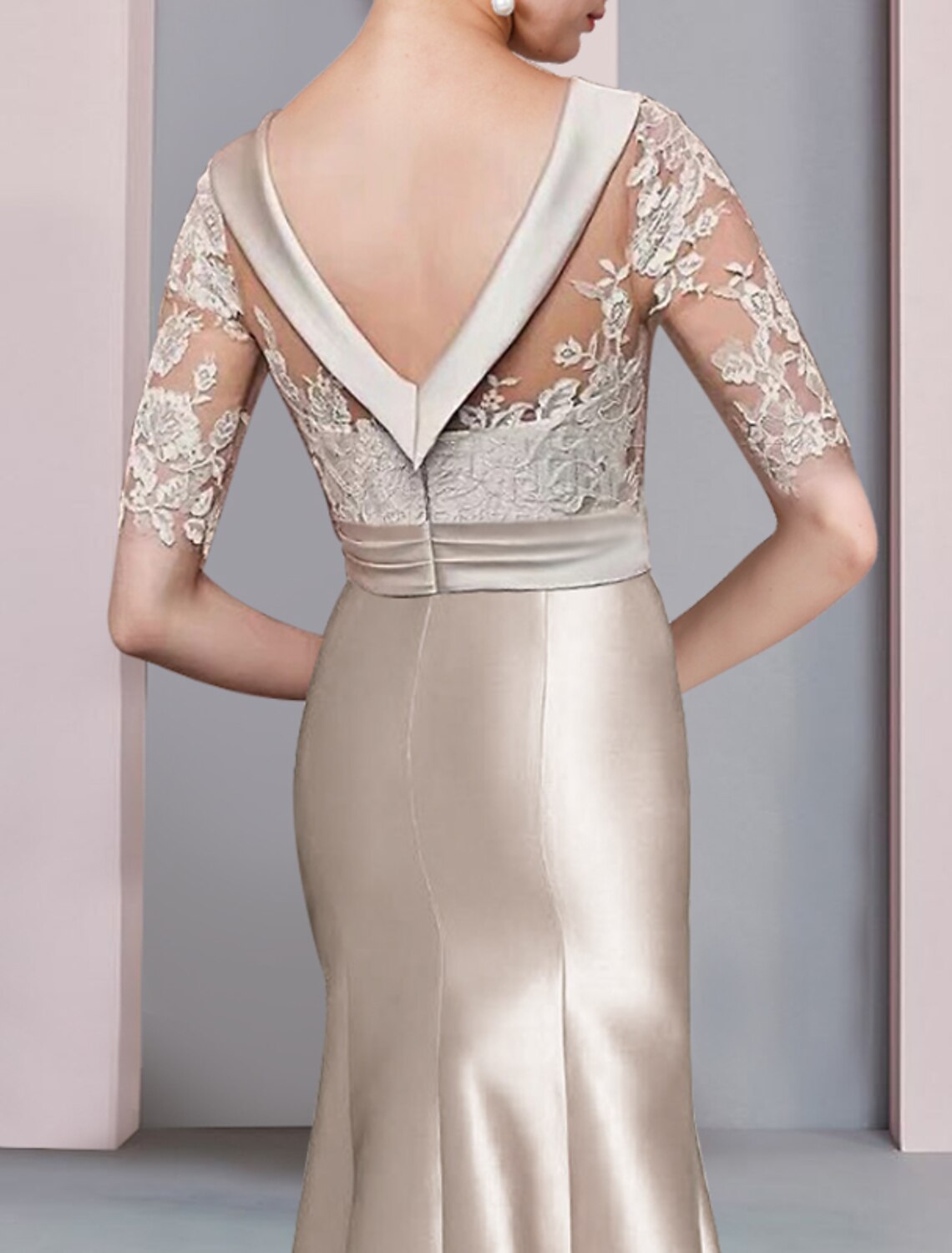 Mermaid / Trumpet Mother of the Bride Dress Formal Wedding Guest Elegant High Low Scoop Neck Sweep / Brush Train Asymmetrical Satin Lace Half Sleeve with Bow(s)
