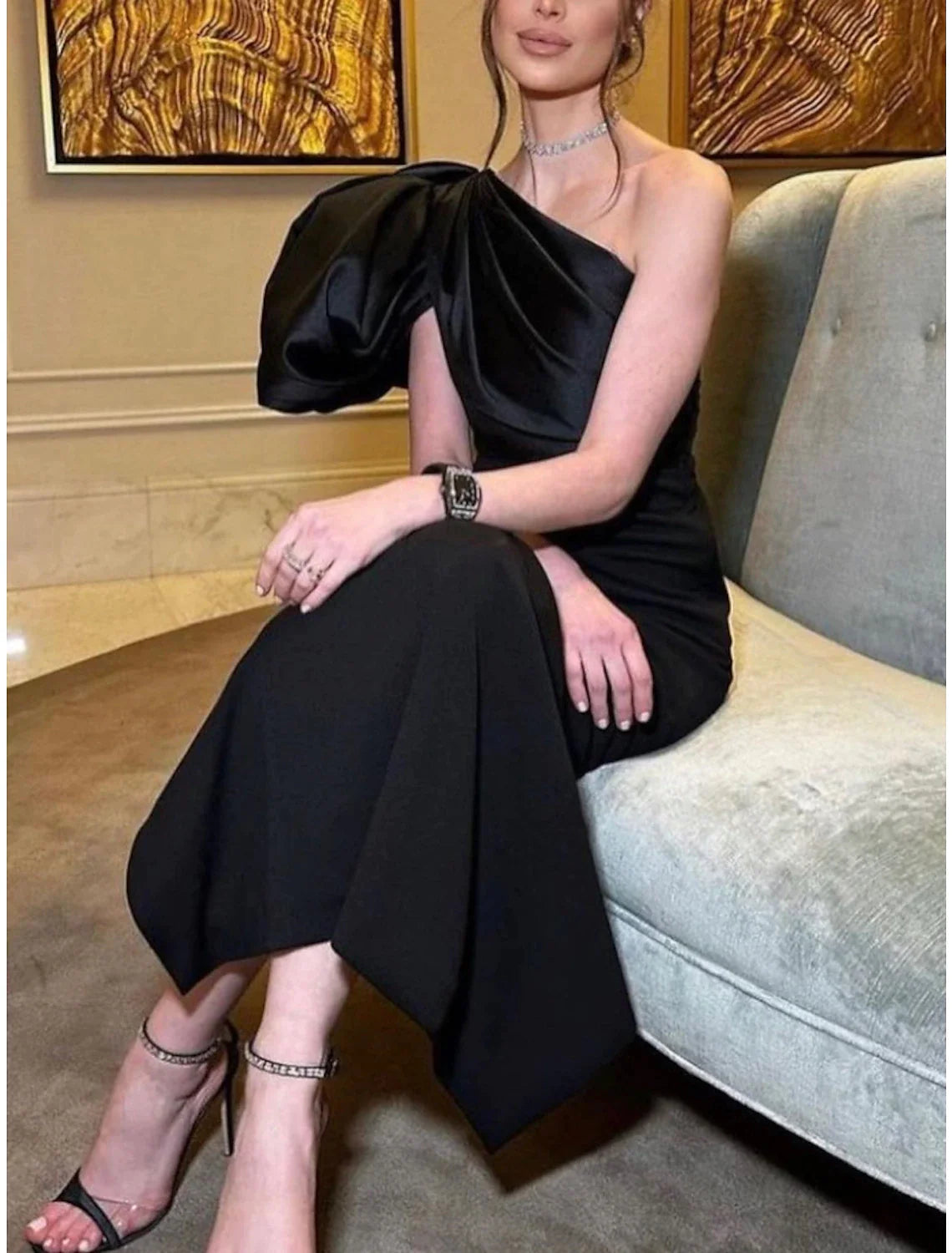Sheath / Column Evening Gown Elegant Dress Formal Ankle Length Black Dress Short Sleeve One Shoulder Satin Party Dress