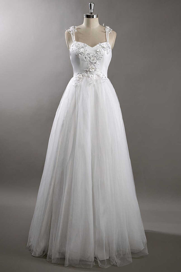 White Sweetheart Strap Flower A-Line Wedding Dress Long