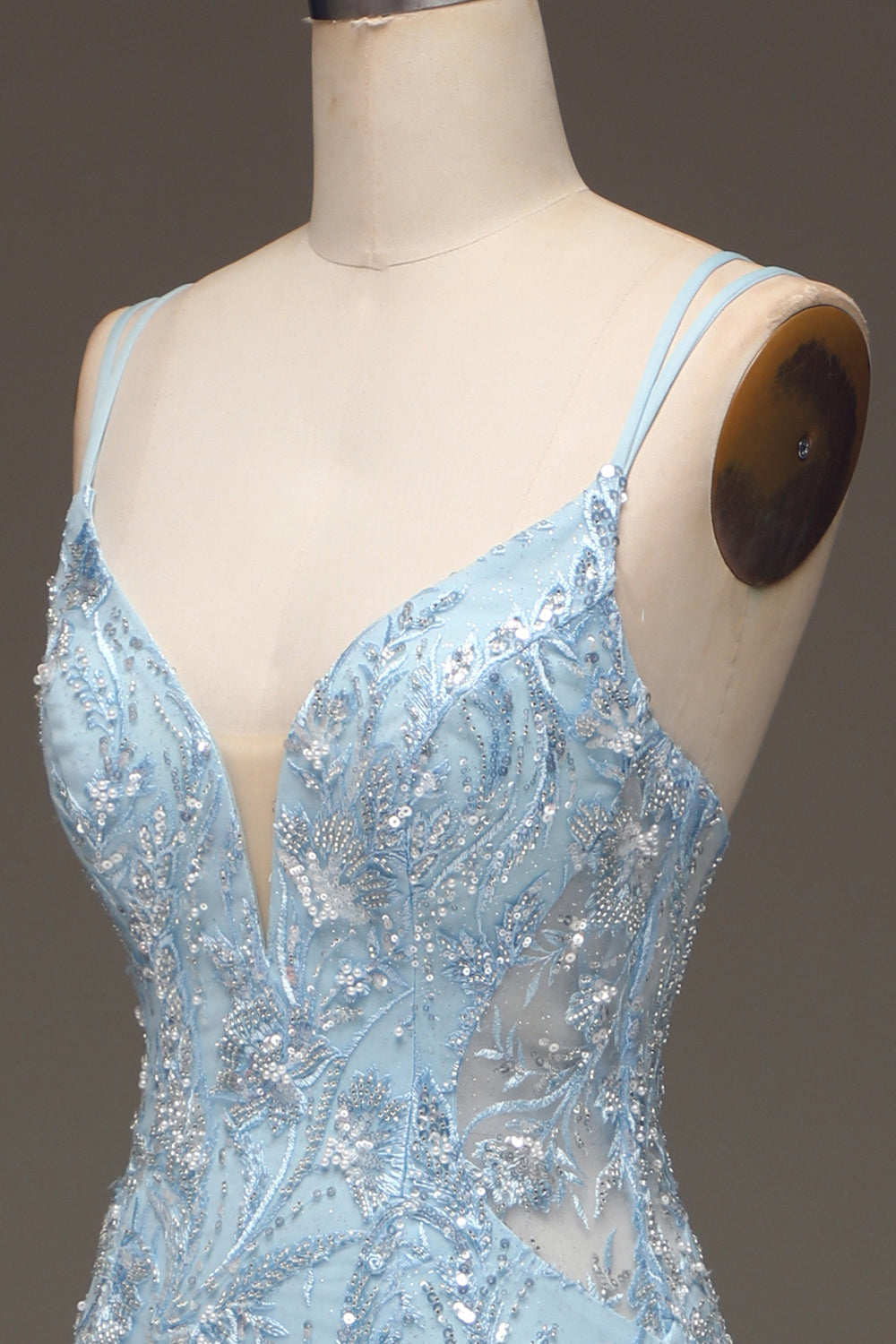 Blue Mermaid Tulle Beaded Long Prom Dress with Slit Sexy Evening Dresses