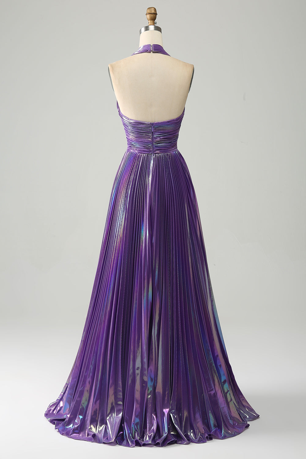 Sparkly Purple A-Line Halter Pleated Prom Dress with Slit Sexy Evening Dresses