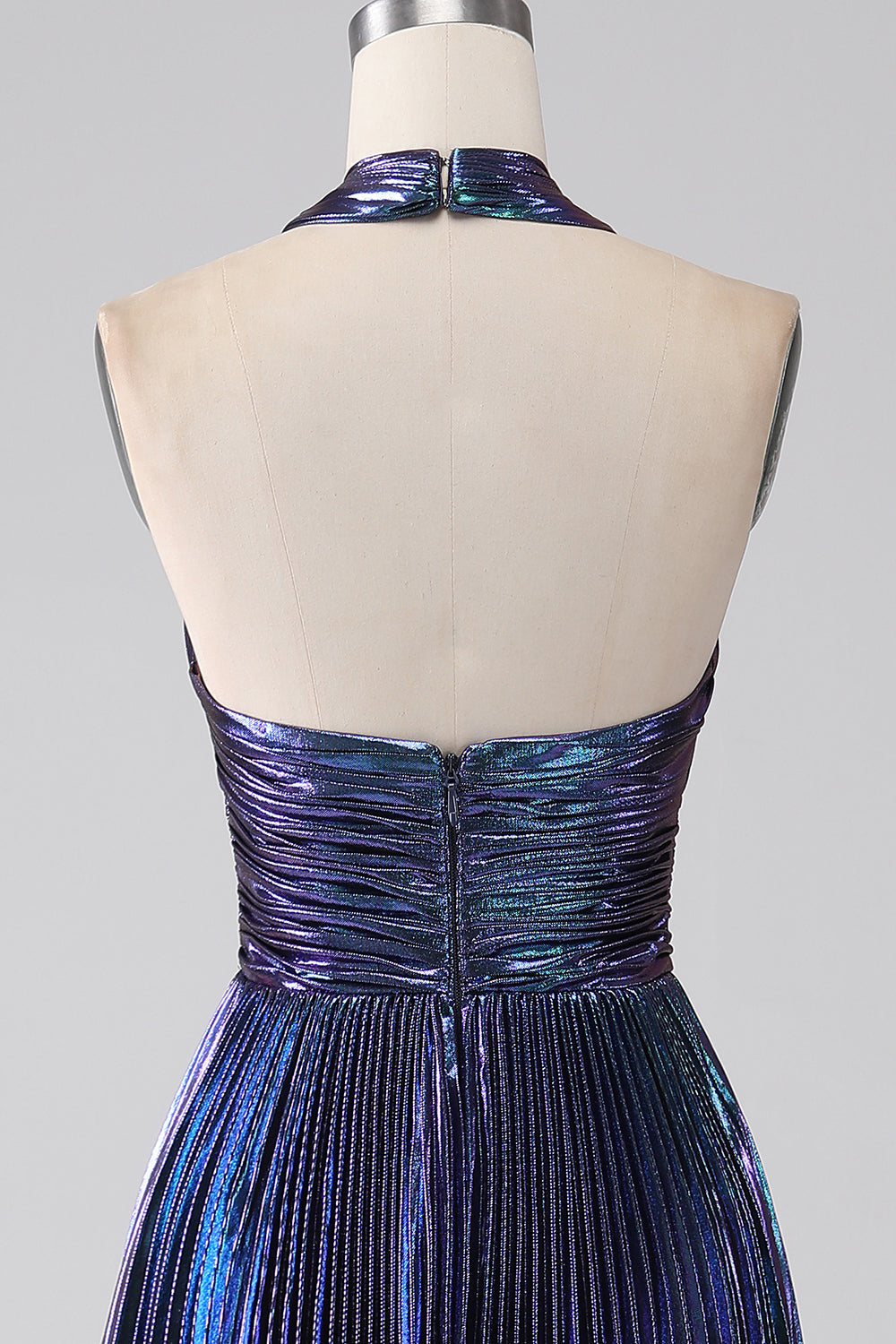 Sparkly Purple A-Line Halter Pleated Prom Dress with Slit Sexy Evening Dresses