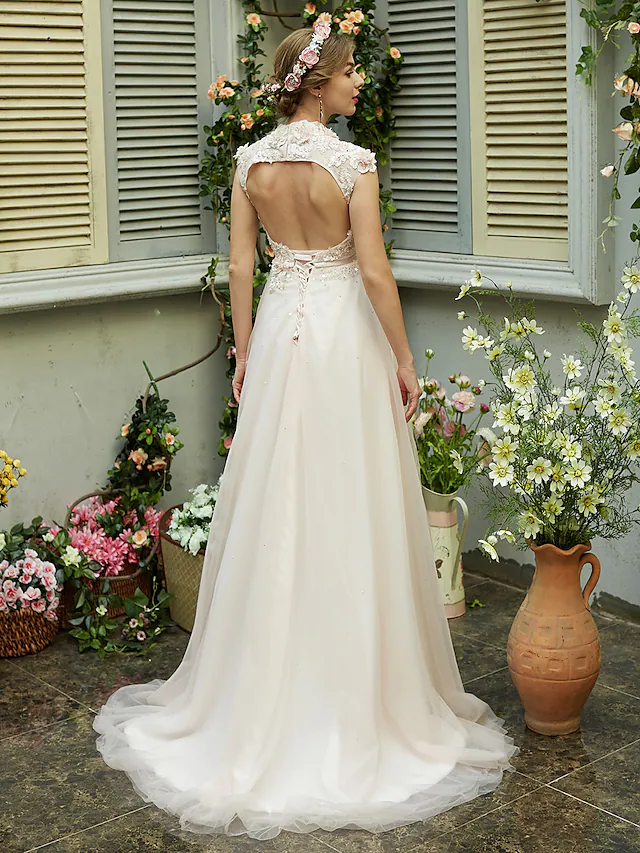 A-Line Wedding Dresses High Neck Sweep Brush Train Tulle Short Sleeve Open Back with Bowknot Sash Ribbon