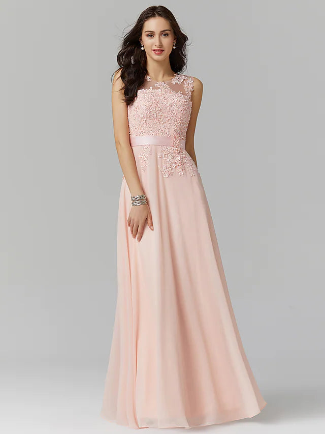 A-Line Evening Gown High Waisted Prom Dress Bridesmaid Wedding Guest Chiffon Floor Length Sleeveless Illusion Neck Georgette