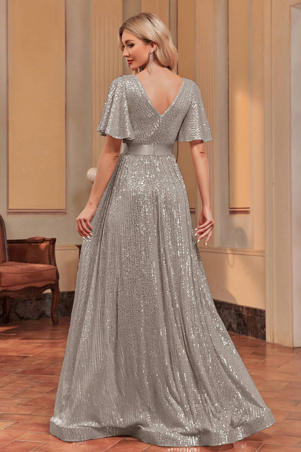 A Line Long Sequined Prom Dress With Sash Sparkly Evening Dresses