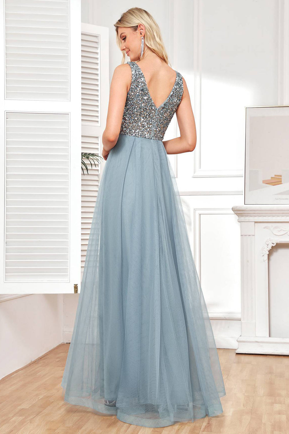 Sparkly Grey Blue Tulle Long Prom Dress Sparkly Evening Dresses