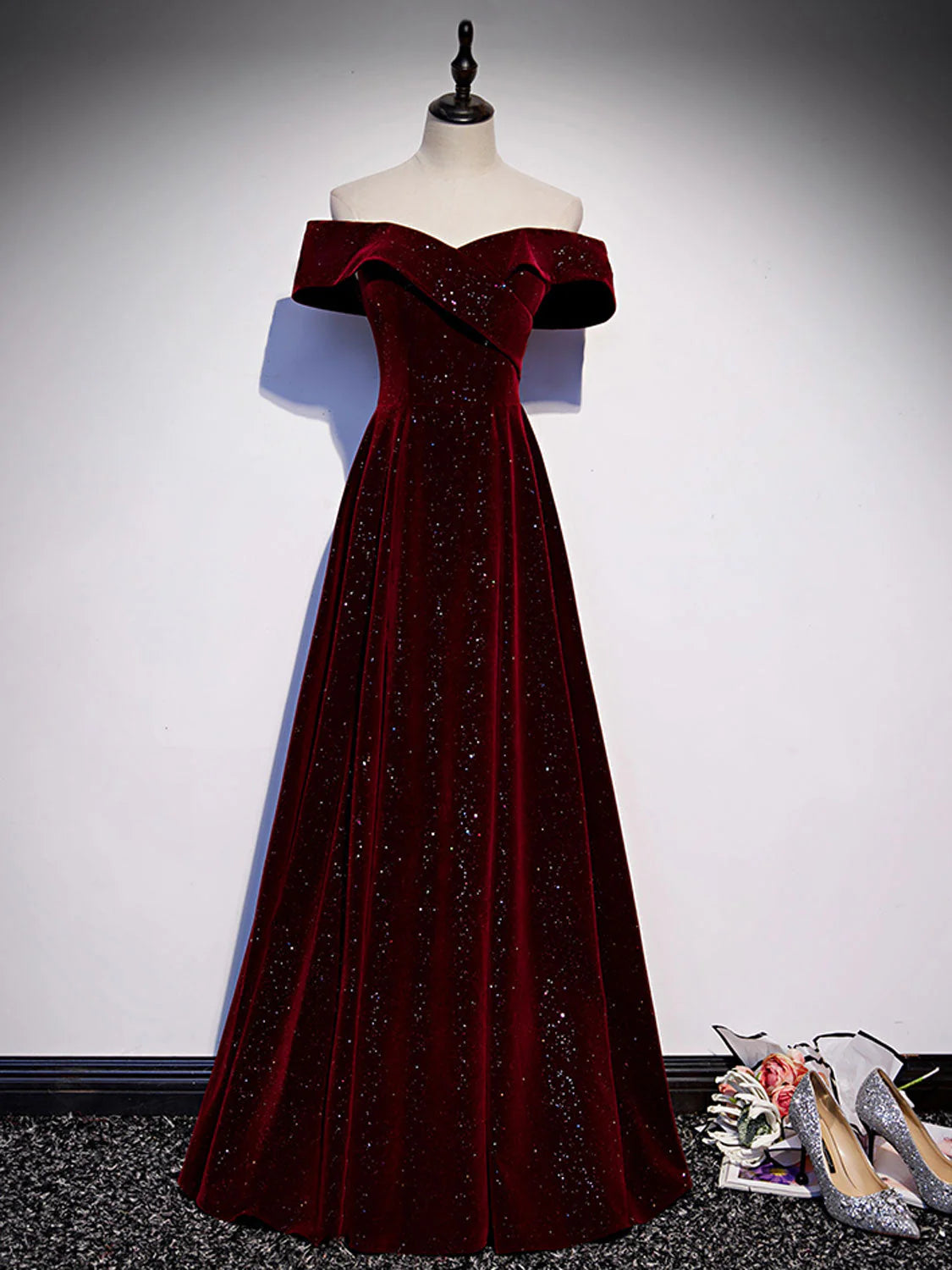 A-Line Off Shoulder V Neck Velvet Long Prom Dress Sparkly