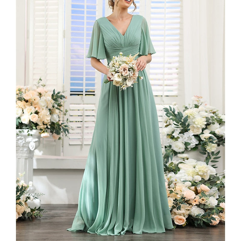 A-Line/Princess V Neck Short Sleeves Bridesmaid Dresses Wedding Guest Dresses Sexy
