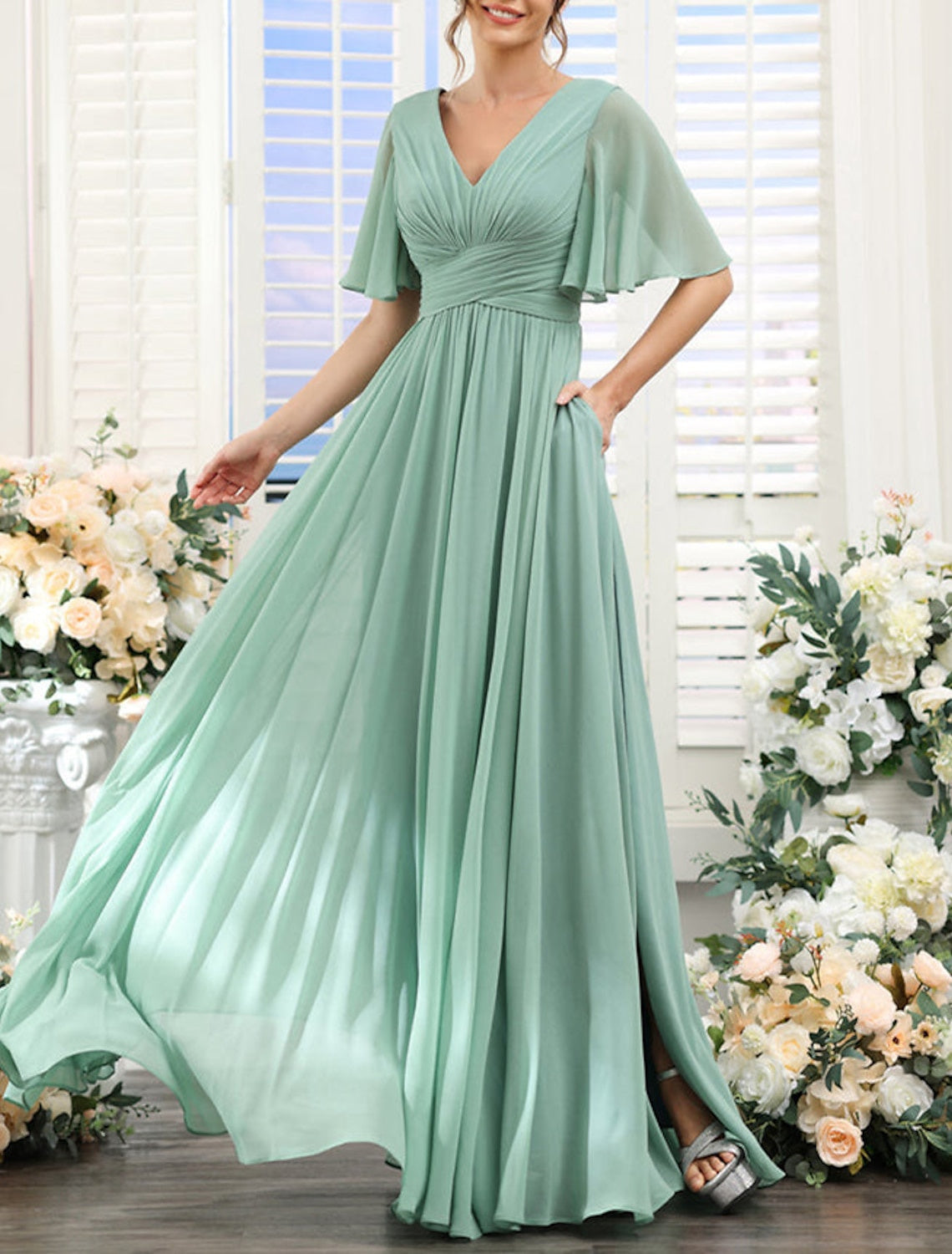 A-Line/Princess V Neck Short Sleeves Bridesmaid Dresses Wedding Guest Dresses Sexy