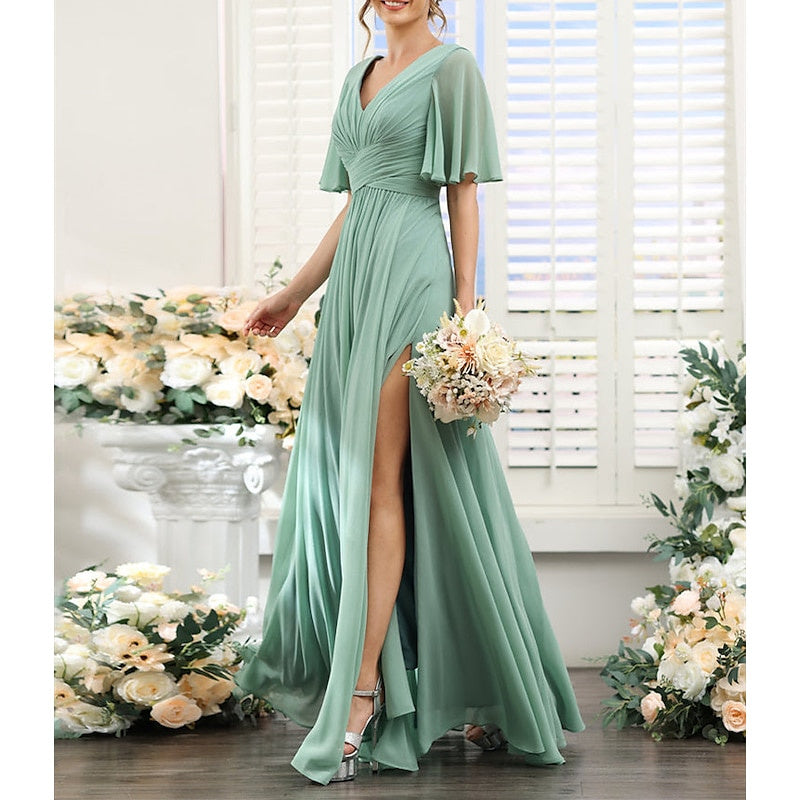 A-Line/Princess V Neck Short Sleeves Bridesmaid Dresses Wedding Guest Dresses Sexy