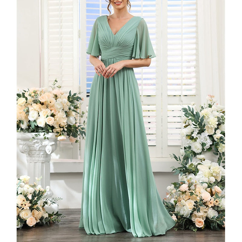 A-Line/Princess V Neck Short Sleeves Bridesmaid Dresses Wedding Guest Dresses Sexy