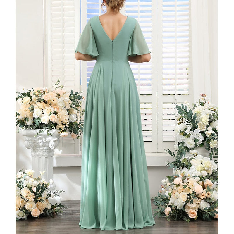 A-Line/Princess V Neck Short Sleeves Bridesmaid Dresses Wedding Guest Dresses Sexy