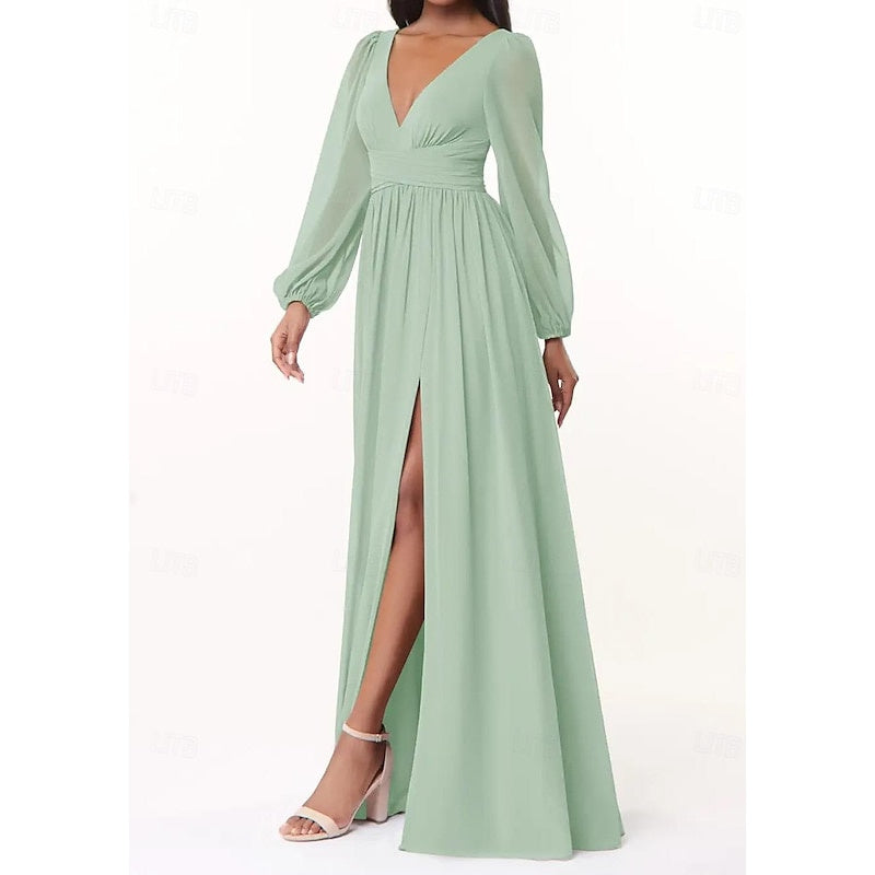 A-Line/Princess Plunging Neck Long Sleeves Bridesmaid Dresses Wedding Guest Dresses Sexy