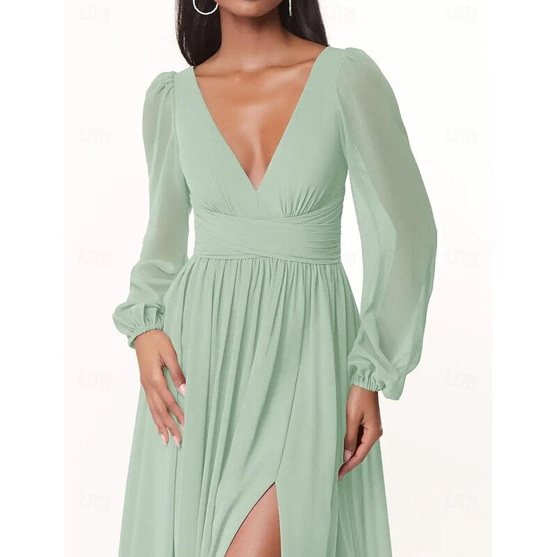 A-Line/Princess Plunging Neck Long Sleeves Bridesmaid Dresses Wedding Guest Dresses Sexy