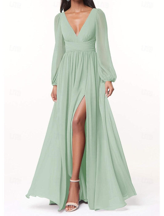 A-Line/Princess Plunging Neck Long Sleeves Bridesmaid Dresses Wedding Guest Dresses Sexy