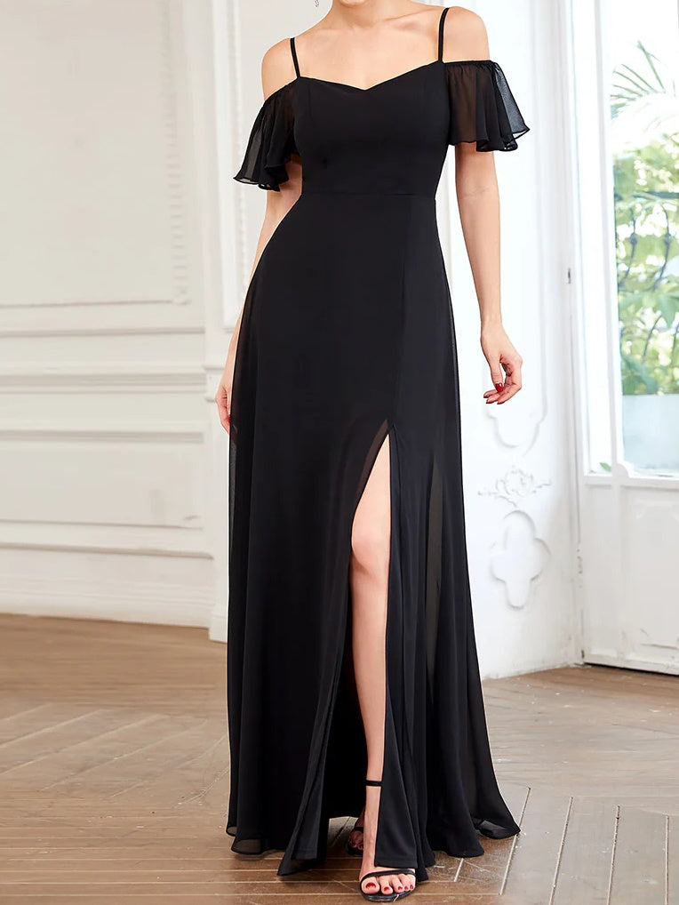 A Line/Princess Off-The-Shoulder Short Sleeves Floor-Length Bridesmaid Dresses Black