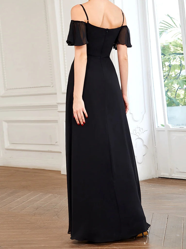A Line/Princess Off-The-Shoulder Short Sleeves Floor-Length Bridesmaid Dresses Black
