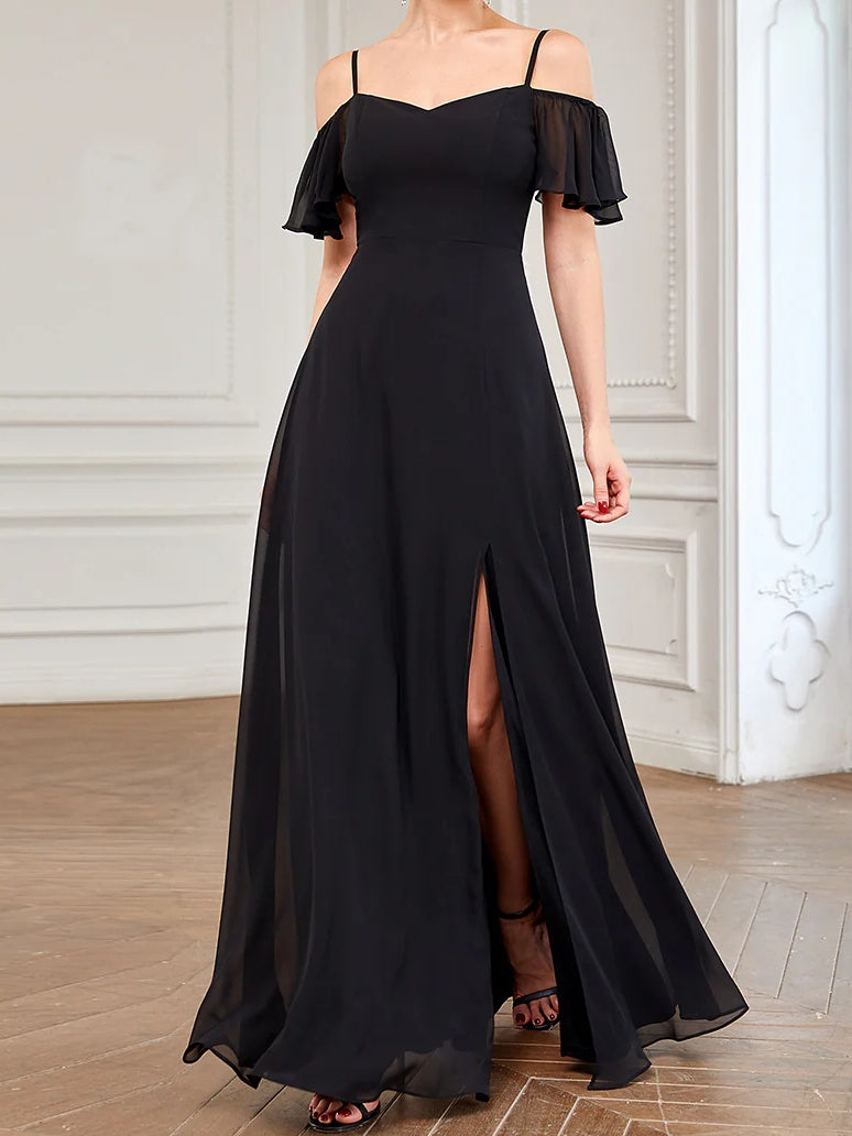 A Line/Princess Off-The-Shoulder Short Sleeves Floor-Length Bridesmaid Dresses Black