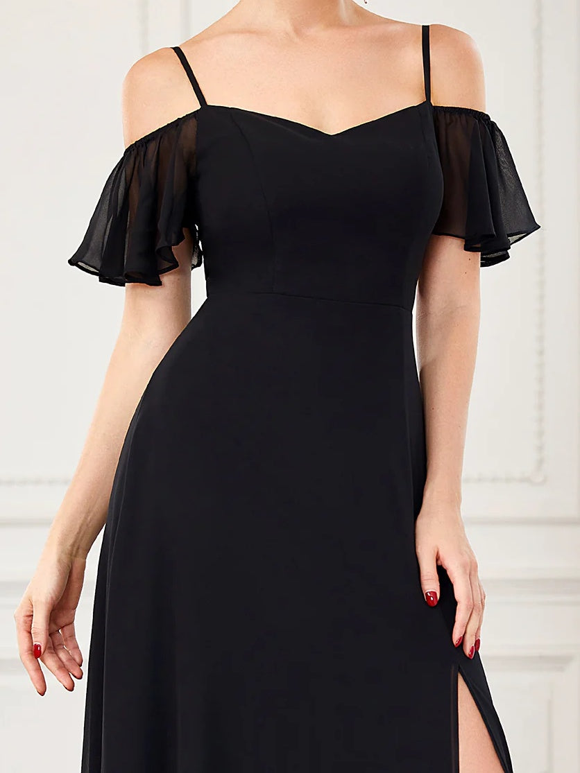 A Line/Princess Off-The-Shoulder Short Sleeves Floor-Length Bridesmaid Dresses Black