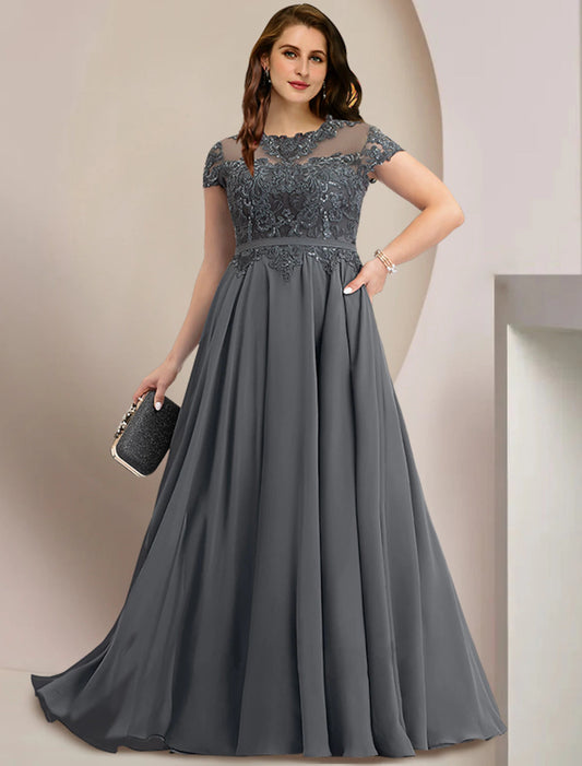 Mother of the Bride Dresses Plus Size Curve Hide Belly Wedding Guest Party Elegant Jewel Neck Floor Length Chiffon Lace Short Sleeve
