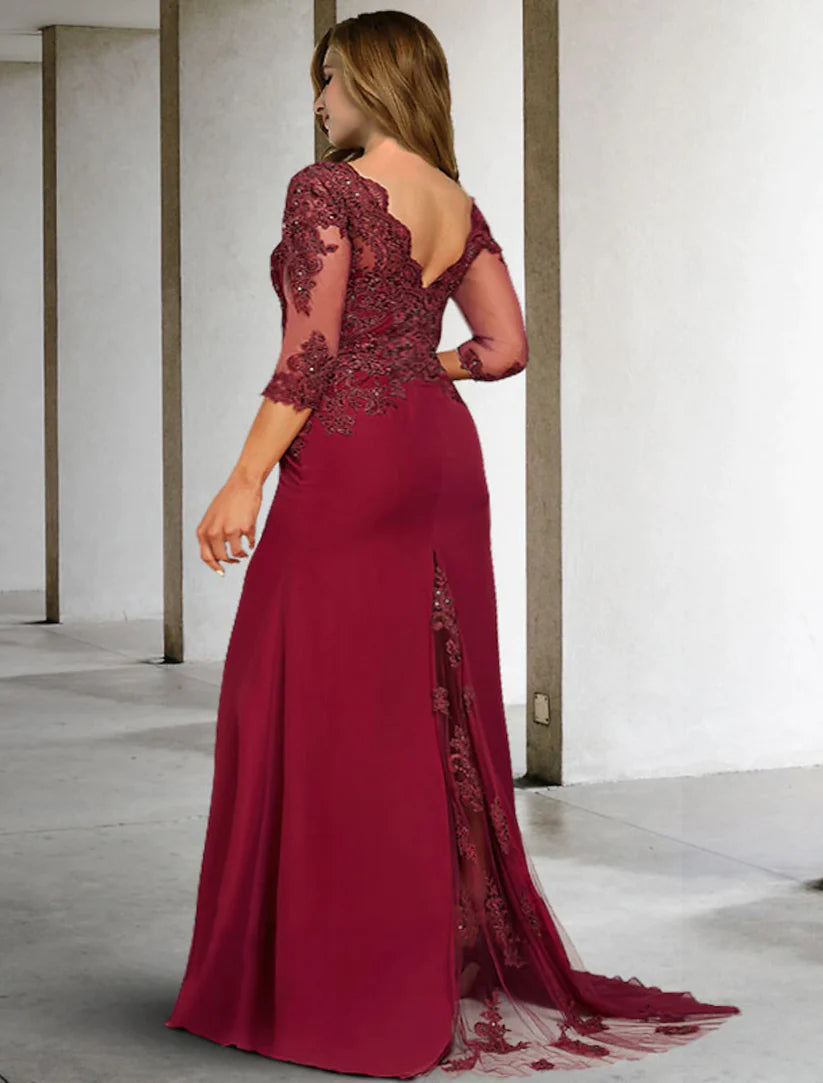 A-Line Plus Size Curve Mother of the Bride Dresses Elegant Dress Formal Wedding Guest Court Train 3/4 Length Sleeve V Neck Chiffon