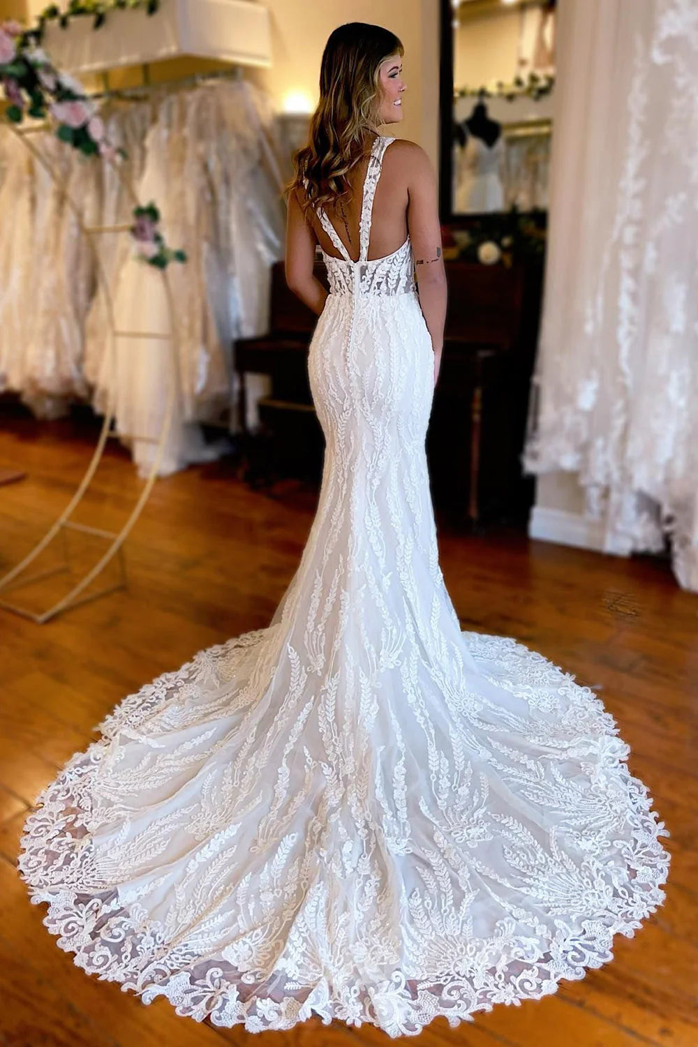 Sheath Long Lace V-Neck Wedding Dress with Slit Sexy