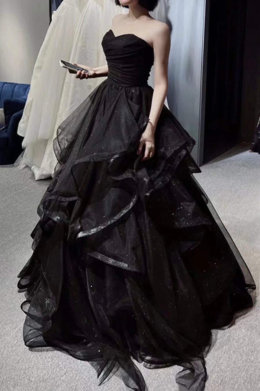 Black Tulle Long A-Line Prom Dress Off Shoulder Evening Party Dress