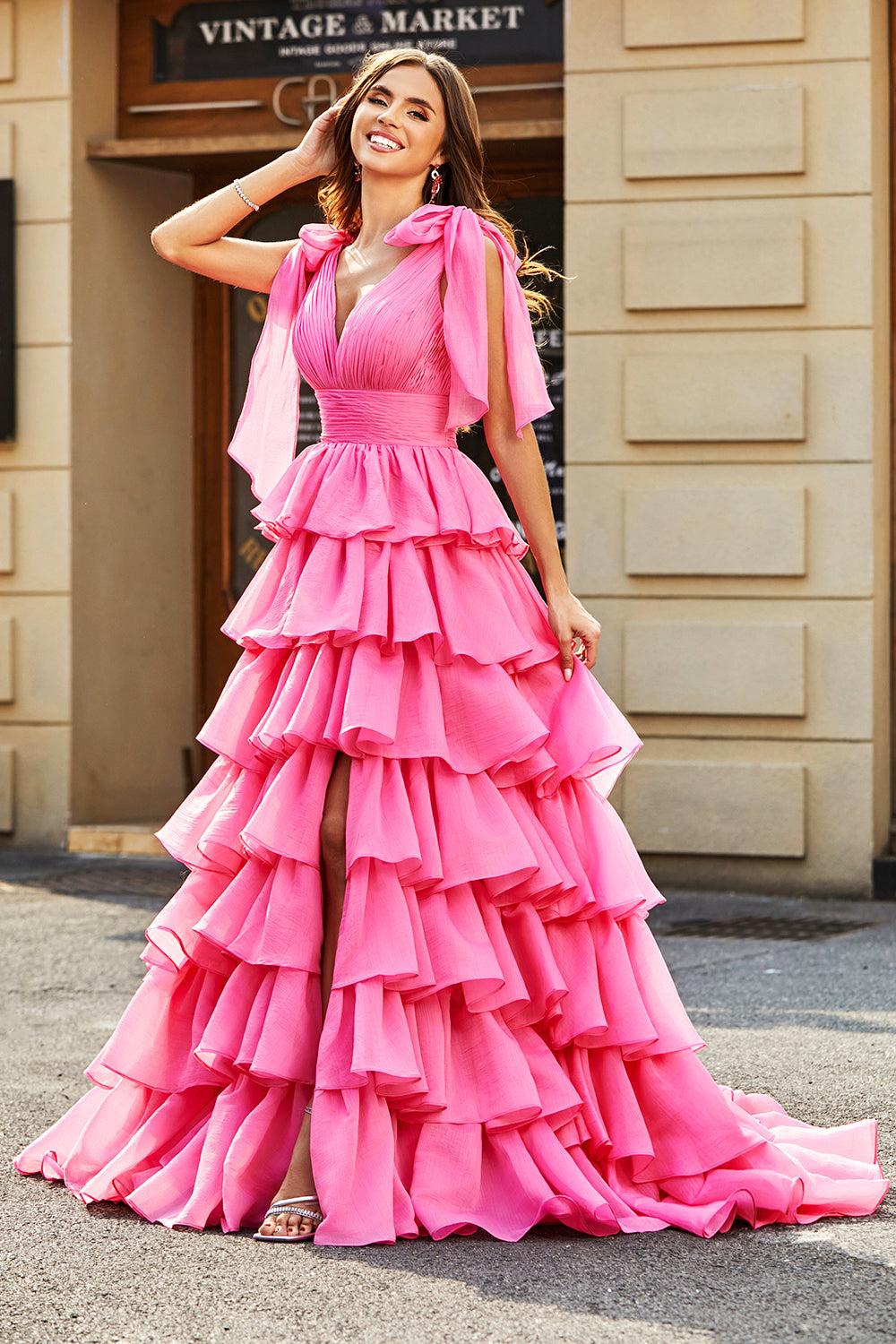 Fuchsia A-Line Deep V Neck Tiered Long Prom Dress With Slit Floor Length Sexy