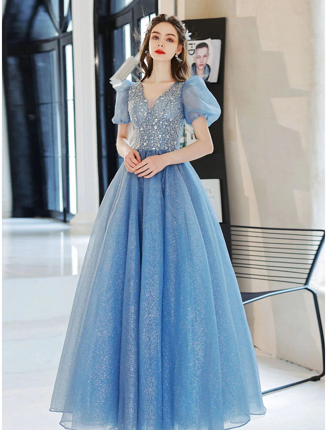 Ball Gown A-Line Evening Gown Floral Dress Prom Floor Length Short Sleeve V Neck Tulle with Glitter Beading
