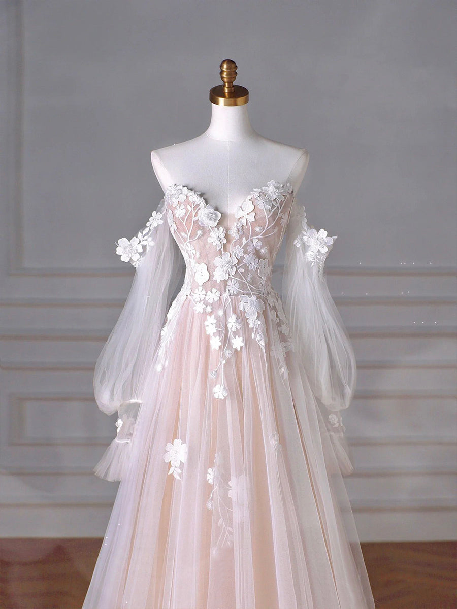 Tulle Lace Sweetheart Neck Long Formal Dress A-Line Puff Sleeves Party Dress Off Shoulder