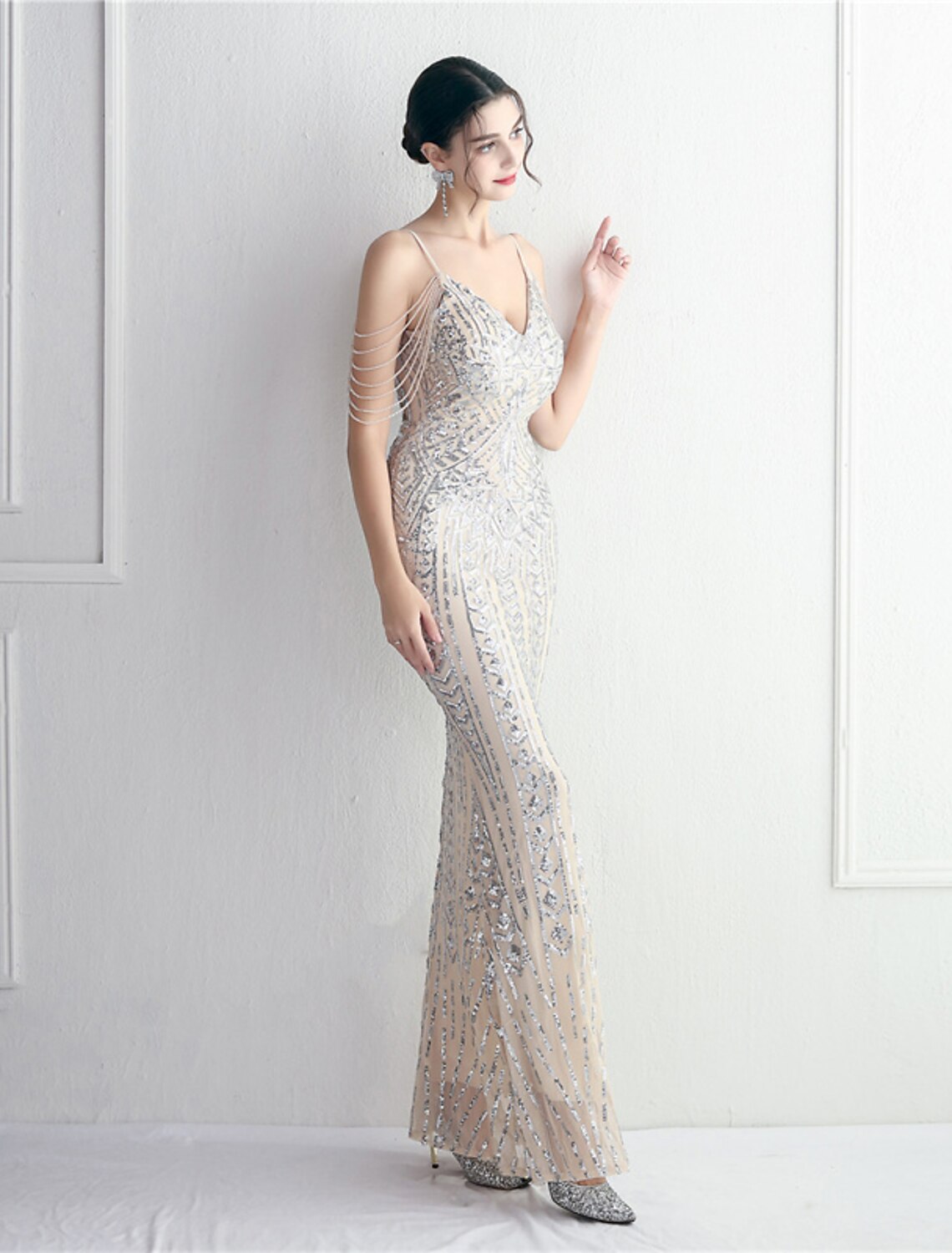 Mermaid / Trumpet Evening Gown Sparkle & Shine Dress Formal Floor Length Short Sleeve Spaghetti Strap Polyester with Beading