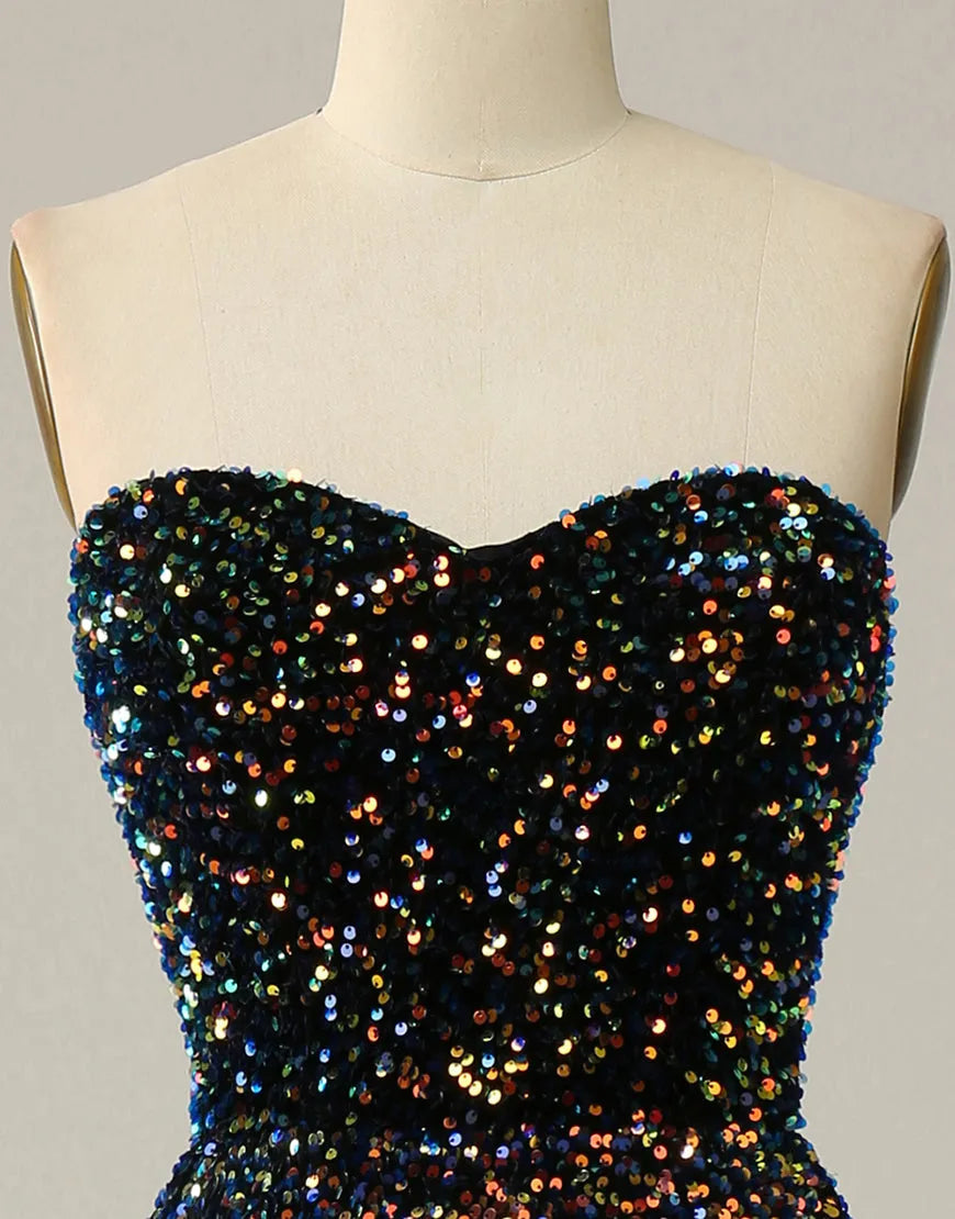 A-Line Tea Length Strapless Glitter Sequin Party Dress Off Shoulder Sparkly