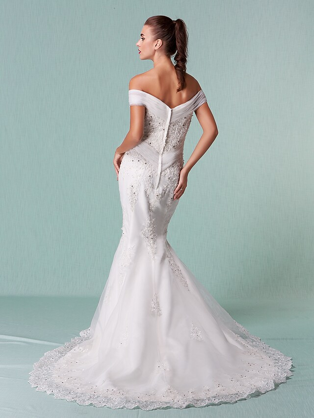 Wedding Dresses Off Shoulder Chapel Train Organza Short Sleeve with Beading Appliques Crystal