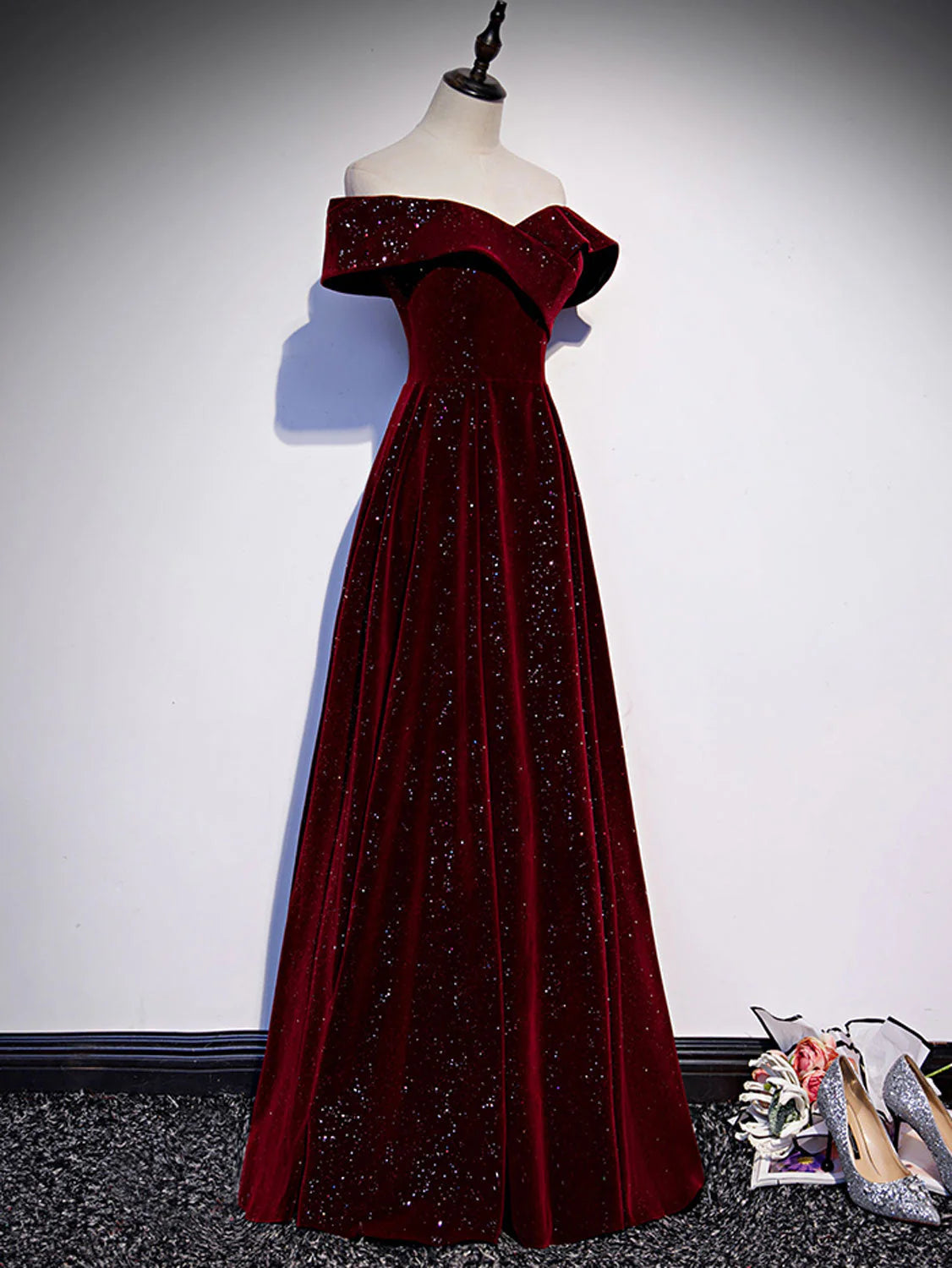 A-Line Off Shoulder V Neck Velvet Long Prom Dress Sparkly