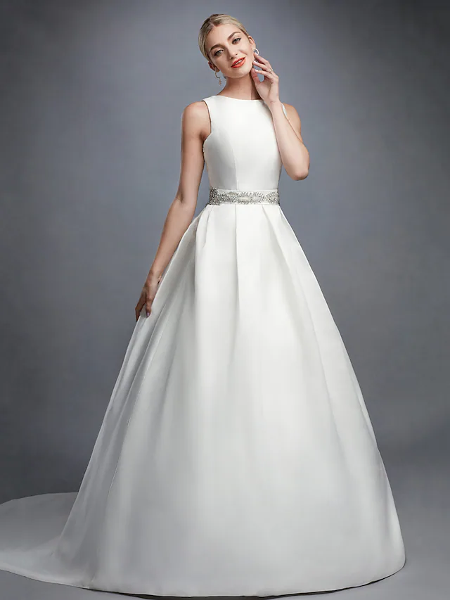 Ball Gown Wedding Dresses Bateau Neck Court Train Lace Satin Regular Straps Formal Backless with Lace Sash Ribbon