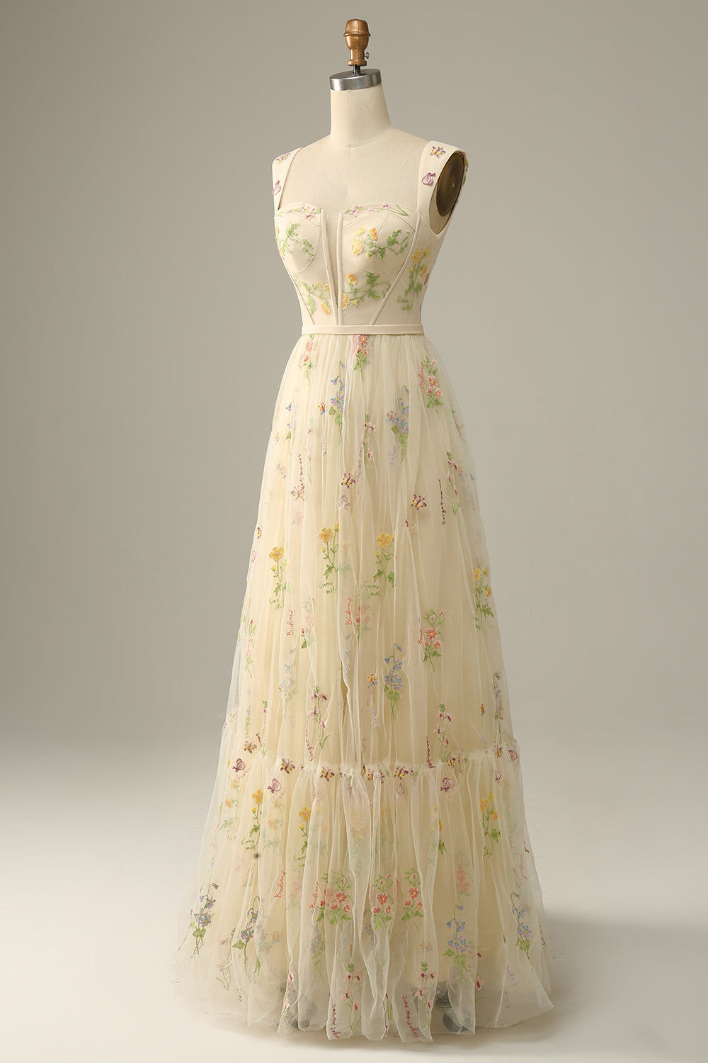 A-Line Square Neck Embroidered Prom Dress Floor Length With Flowers