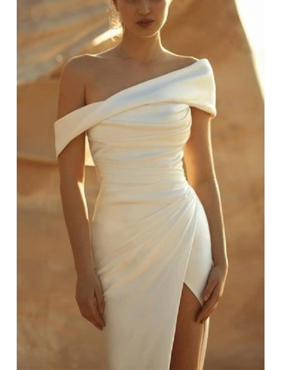 Beach Formal Wedding Dresses Mermaid / Trumpet Off Shoulder Sleeveless Floor Length Charmeuse Bridal Gowns