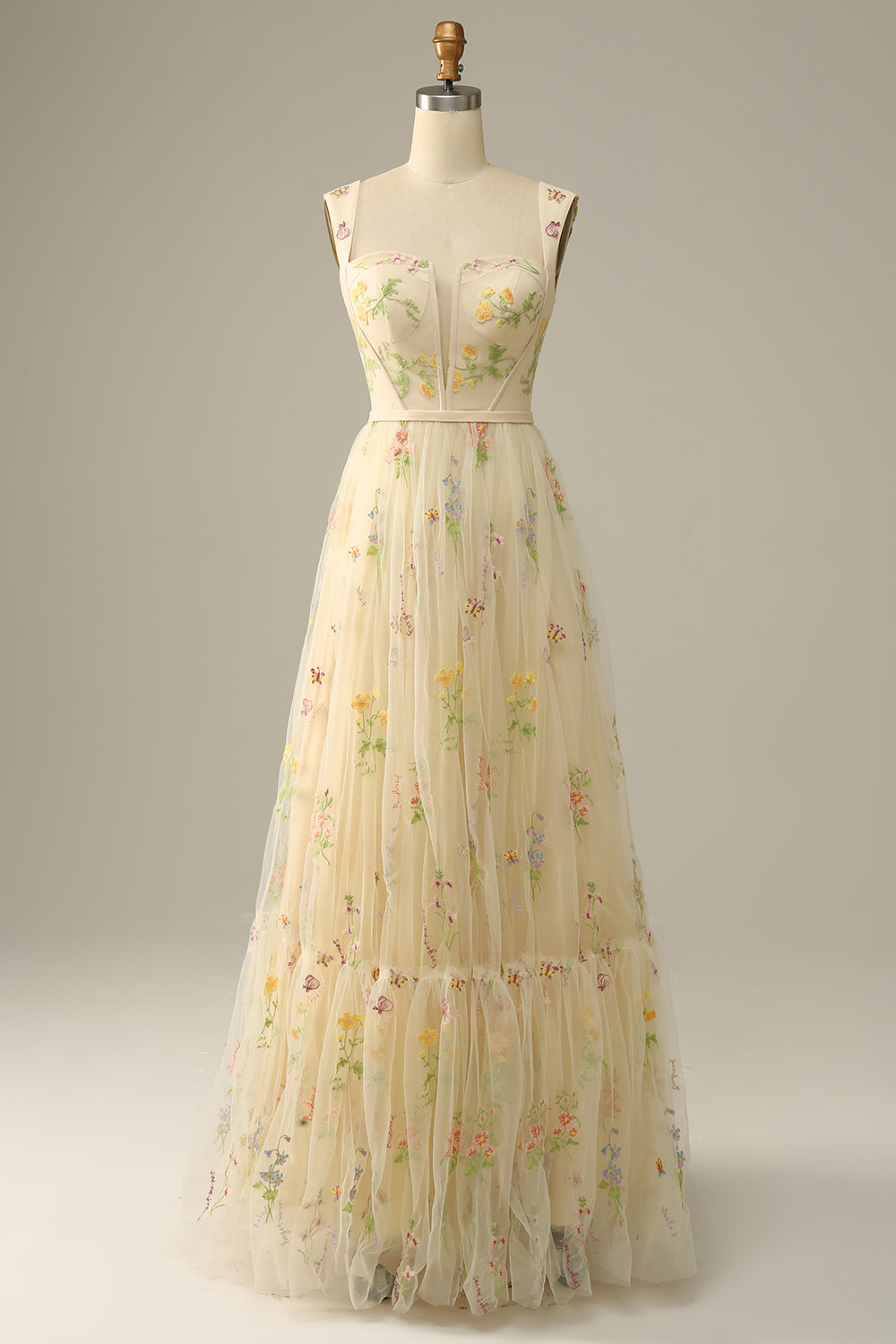 A-Line Square Neck Embroidered Prom Dress Floor Length With Flowers