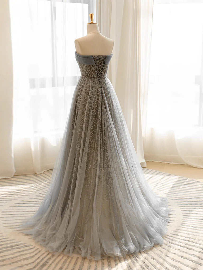A-Line Tulle Sequin Long Prom Dress Sparkly
