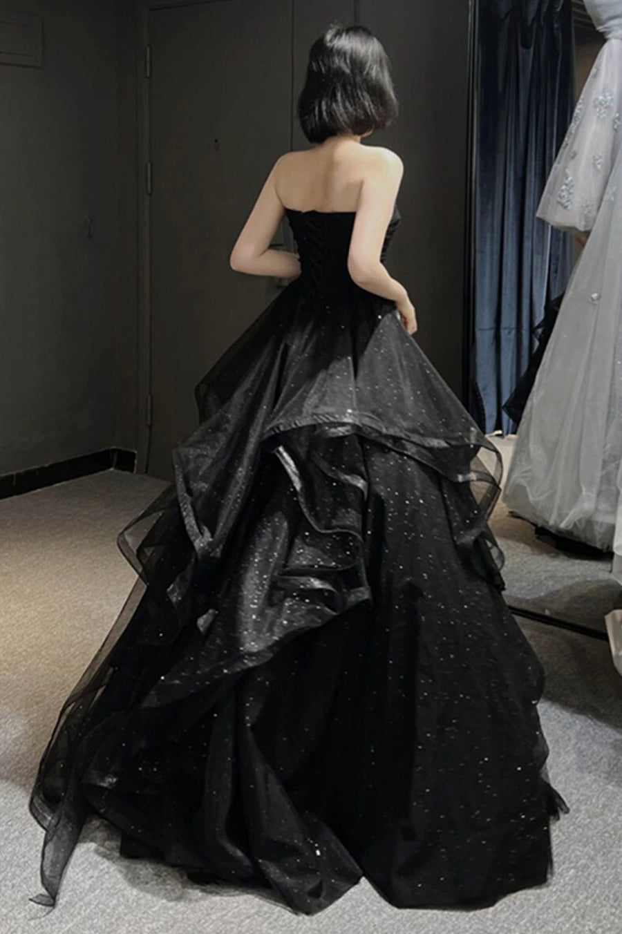 Black Tulle Long A-Line Prom Dress Off Shoulder Evening Party Dress