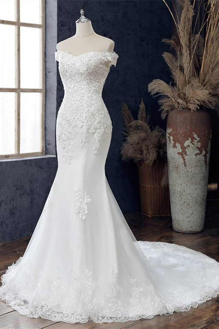 White Beaded Embroidered Off-the-Shoulder Wedding Dress Beautiful
