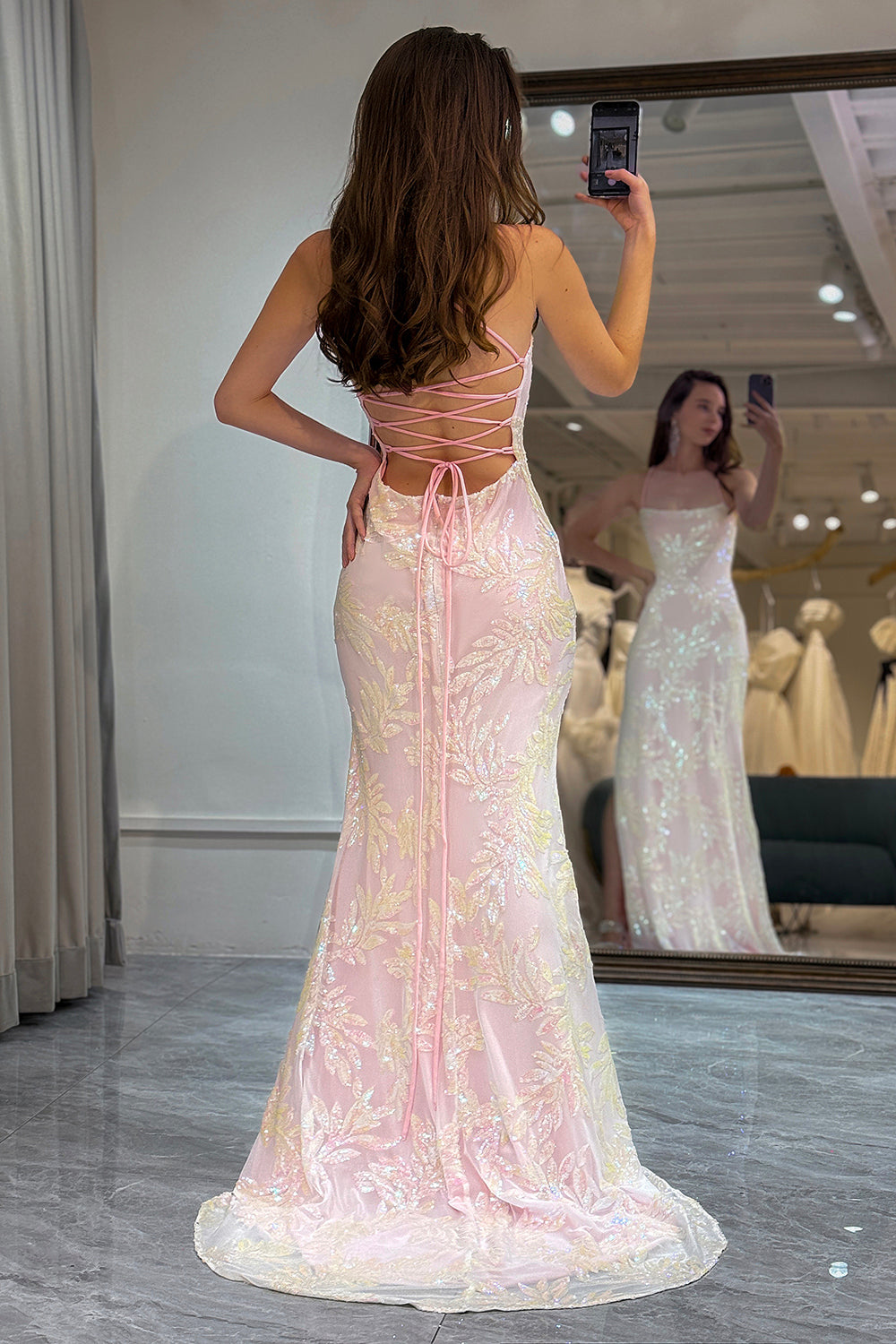Pink Mermaid Spaghetti Straps Sparkly Long Prom Dress with Slit Evening Dresses