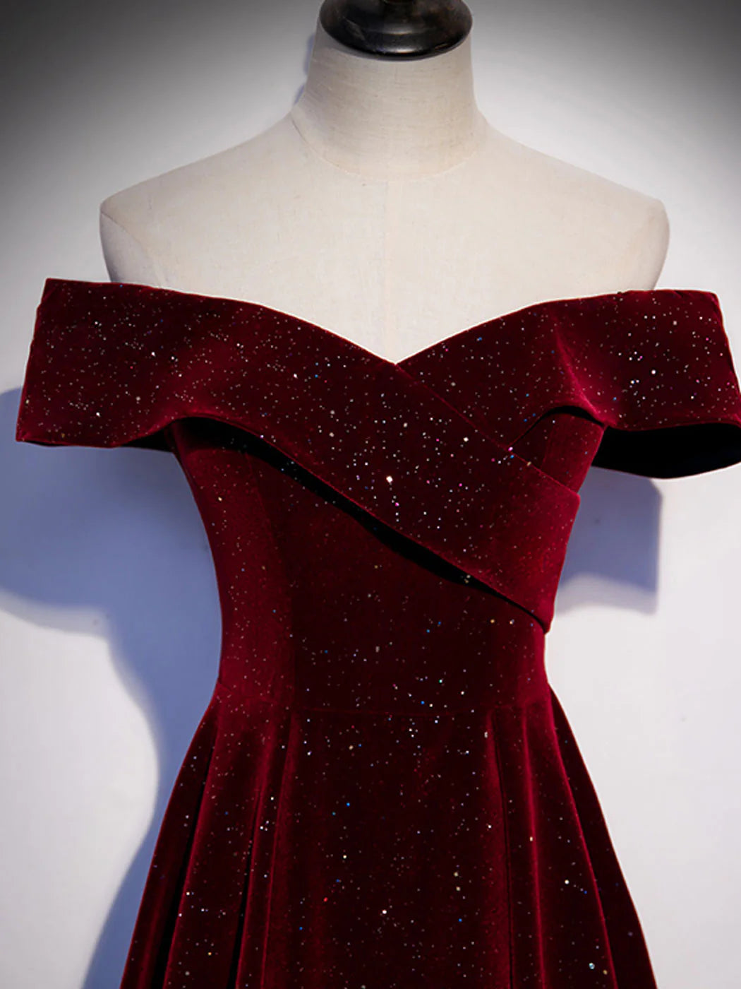 A-Line Off Shoulder V Neck Velvet Long Prom Dress Sparkly