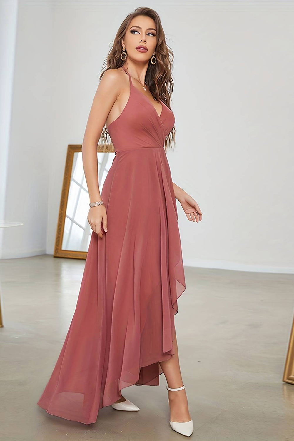 Coral Chiffon High Low Prom Dress V-neck Sexy Party Dresses